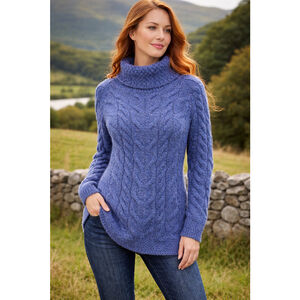 Shannon Wollen Mills Women Medium Merino Wool Cable Knit Turtleneck Sweater Blue